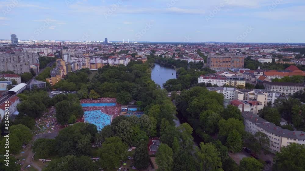 shadow public swimming pool, city Berlin. Amazing aerial top view flight drone shadow public swimming pool, city Berlin. Amazing aerial top view flight drone