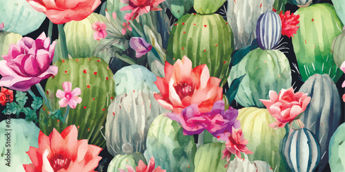 Seamless floral pattern with cacti, succulents and flowers. Watercolor garden, mexican colorful print