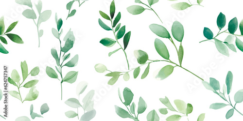 Seamless floral pattern with green leaves on branches, watercolor illustration isolated on white background © Eli Berr