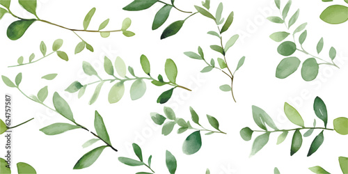 Seamless floral pattern with green leaves on branches, watercolor illustration isolated on white background