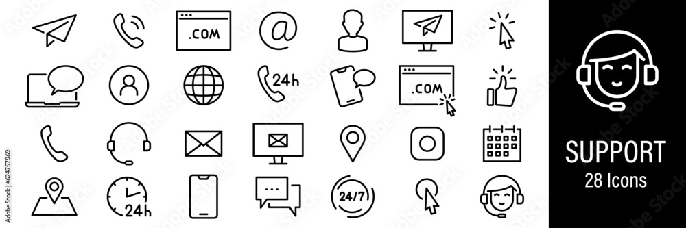 Support Web Icons. Contact Us, Chat, Feedback, Customer, Message, Phone. Vector in Line Style Icons