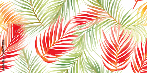Tropical seamless pattern of colorful palm leaves red wax palm Cyrtostachys renda , watercolor isolated illustration for textile, background, wallpapers or your design floral photo