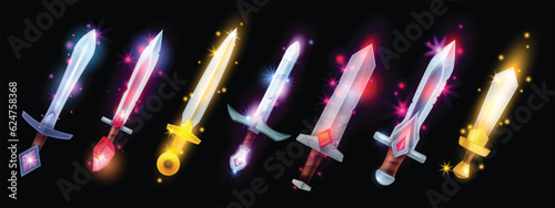 3D sword game set, pirate fantasy RPG weapon icon vector kit, medieval knife cartoon assets. Vintage Viking axe, iron golden handle, shiny steel sharp blade, warrior sabre. Sword game collection