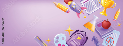 3D back to school background, vector stationery flying objects, kids education banner, backpack. Online children education, internet sale event, learn dictionary book, graduate cup. Art school banner