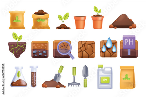 3D soil icon set, cartoon fertilized compost, vector agriculture farming illustration kit, seedling. Geology layers garden pots, plant roots agronomy science, NPK can, clay pile. Soil icon collection