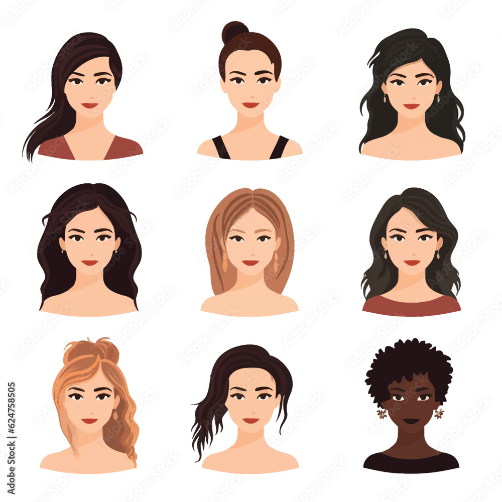 Portrait of Women with Different Hair set vector isolated illustration Portrait of Women with Different Hair set vector isolated illustration