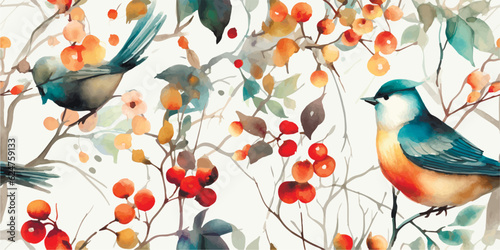 Wildlife abstract pattern, colorful seamless print with birds, flowers, leaves and berries on tree branches. Watercolor autumn illustration on white background