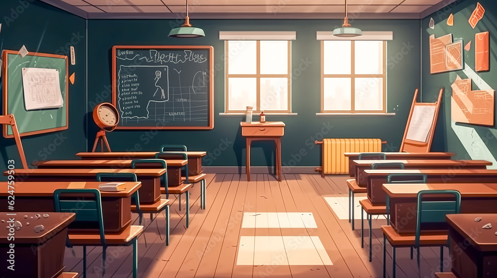 An empty school class, an empty room with desks, generative AI. An empty school class, an empty room with desks, generative AI.