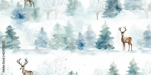 Winter Christmas pattern with snow, christmas tree, trees and deers, watercolor illustration landscape, wildlife seamless background