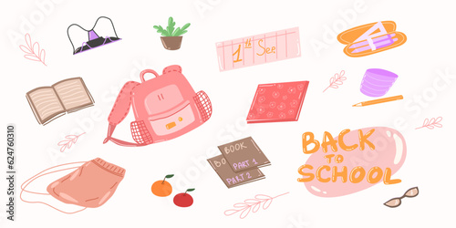 Set of study school supplies. Children s stationery subjects. Back to school