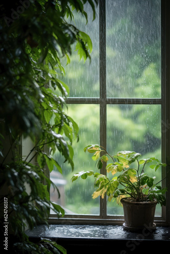 View from the window on the pouring rain in the garden.