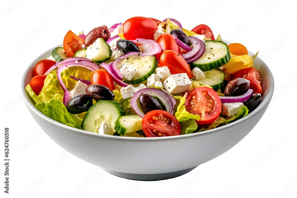 Crisp lettuce, cucumbers, tomatoes, feta cheese, olives, and red onions tossed in a tangy dressing. A light and flavorful Mediterranean option. on white background - Generative AI Crisp lettuce, cucumbers, tomatoes, feta cheese, olives, and red onions tossed in a tangy dressing. A light and flavorful Mediterranean option. on white background - Generative AI
