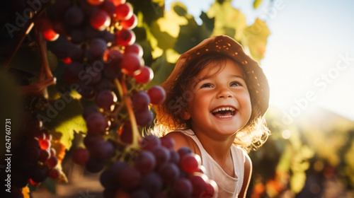 Kid playing in grape vineyard background with empty space for text 