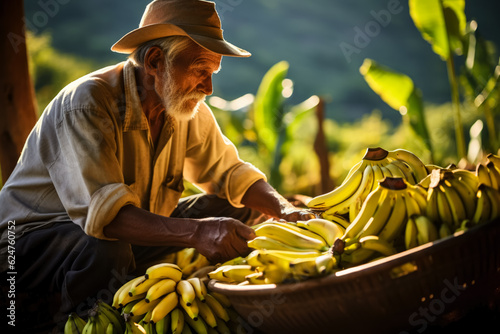 Radiant farmer is harvesting bananas at tropical plantation