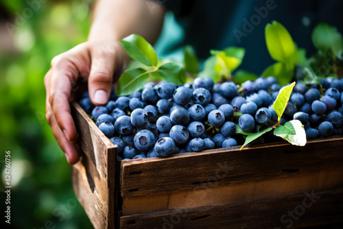 Pleased farmer is collecting blueberries at berry farm  
