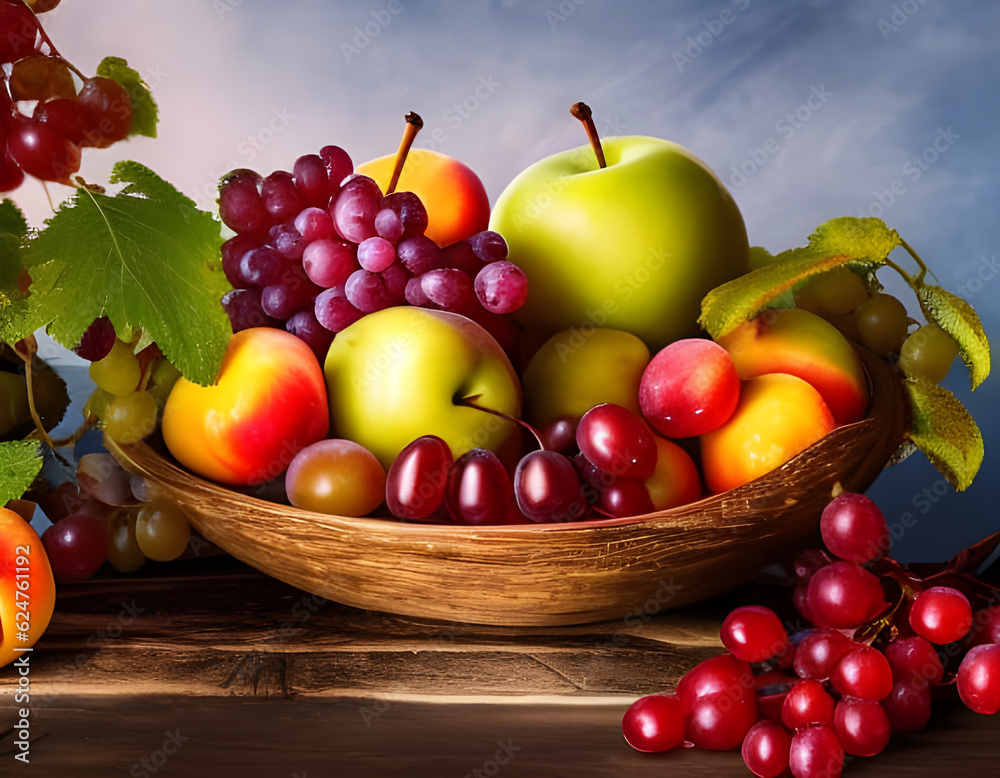 Assortment of juicy fruits in a large bowl on wooden table, natural background. Digital illustration. CG Artwork Background Assortment of juicy fruits in a large bowl on wooden table, natural background. Digital illustration. CG Artwork Background