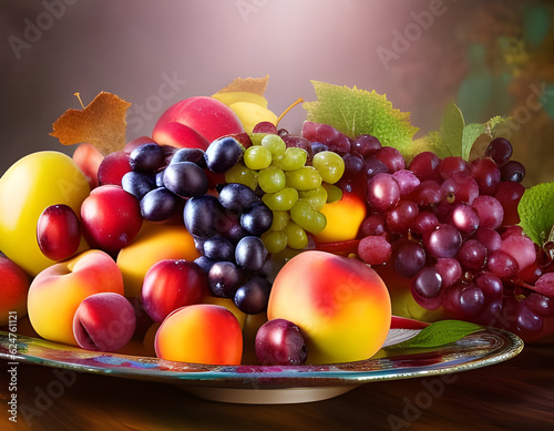 Assortment of juicy fruits in a large bowl on wooden table  natural background. Digital illustration. CG Artwork Background