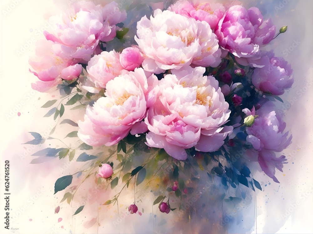 Bouquet of delicate flowers, peonies in pastel colors on a white background, watercolor. AI generativ
