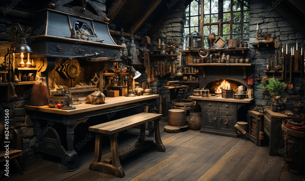 Woodworking workshop, mid-century era Woodworking workshop, mid-century era