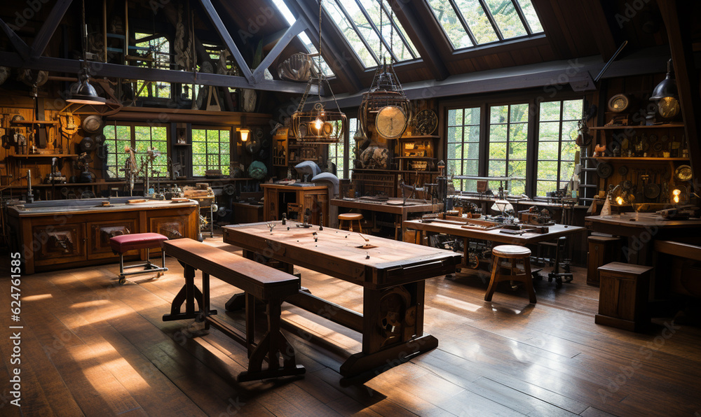 Woodworking workshop, mid-century era Woodworking workshop, mid-century era