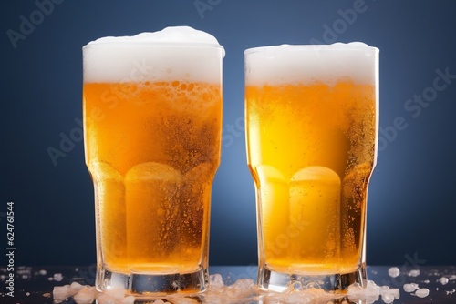 glass of beer on blue background photo