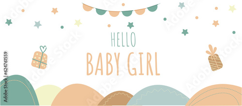 vector coloful banner Hello baby girl with pretty stars and decor