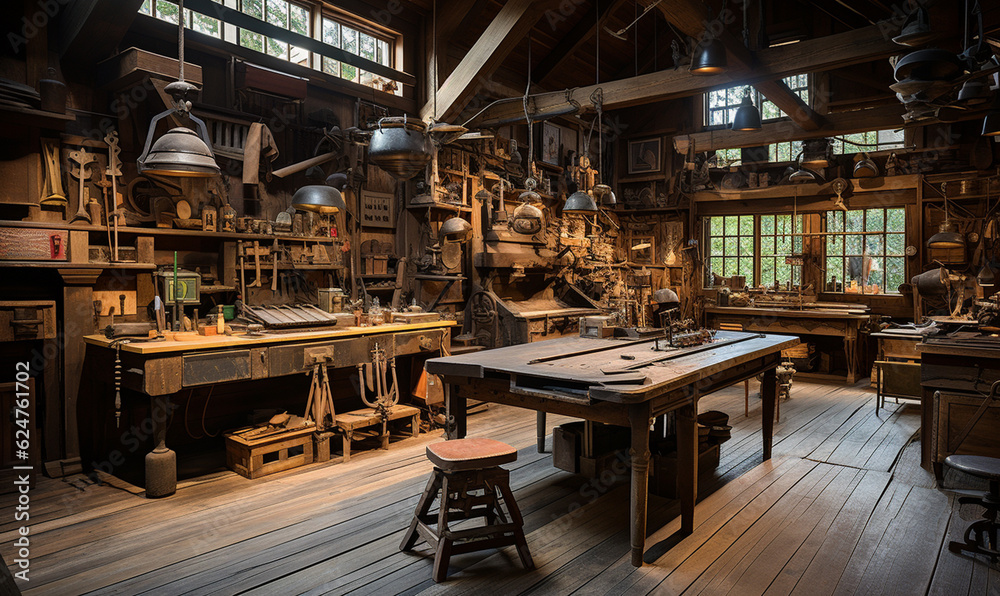 Woodworking workshop, mid-century era Woodworking workshop, mid-century era