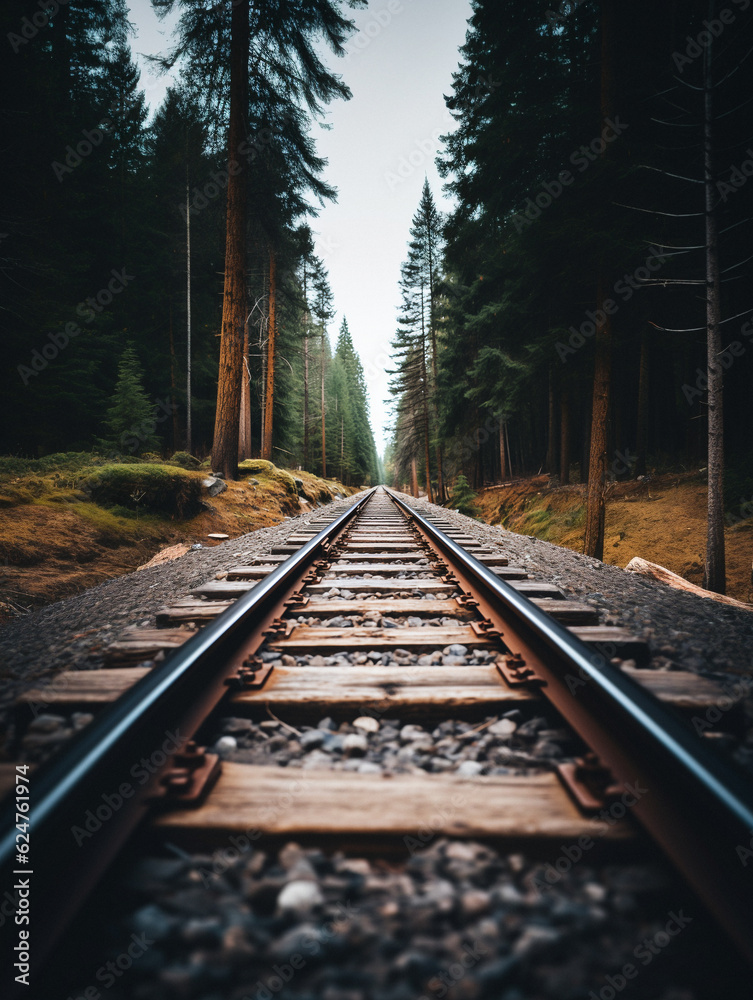 Fototapeta premium Landscape with train tracks and a vanishing point, created with generative AI technology