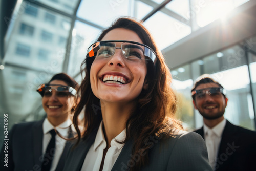 business person in a suit deeply engaged with VR glasses, exploring a virtual workspace boost productivity and efficiency in the modern office,modern futuristic technology enhanced smile, gen ai