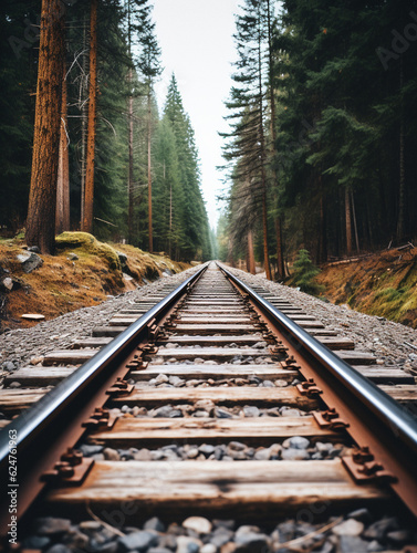 Landscape with train tracks and a vanishing point, created with generative AI technology