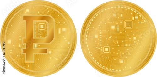 Digital Ruble coin with symbol of Russian Ruble on it in electronic cyberspace