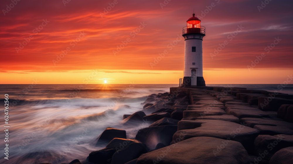 beautiful landscape of lighthouse at red sunset