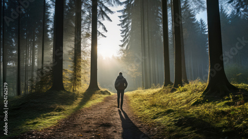 Fotografia person walking in the forest at morning