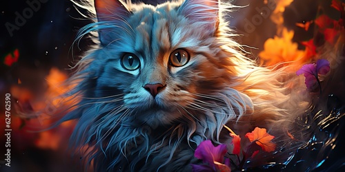 AI Generated. AI Generative. Cute beautiful cat animal pet vibrant colors with oil paint draw background. Cute lovely portrait face. Graphic Art © AkimD