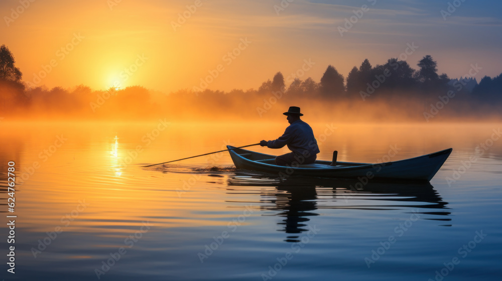 fisherman on boat at misty morning sunrise