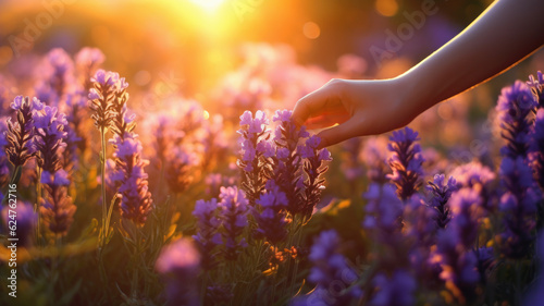 Fotografie, Obraz woman picking flowers in lavender field