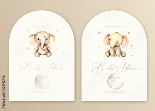 Cute baby shower watercolor invitation card for baby and kids new born celebration with plush elephant toy and stars.