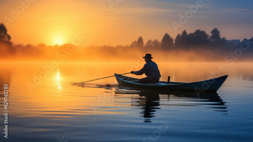 fisherman on boat at misty morning sunrise © mimadeo
