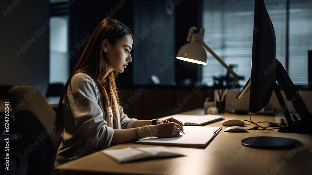 Business woman working at her desk in the office late at night. Business woman working at her desk in the office late at night.