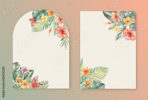 Festive template for invitations, celebrations and birthdays with watercolor illustration of tropical leaves and flowers.