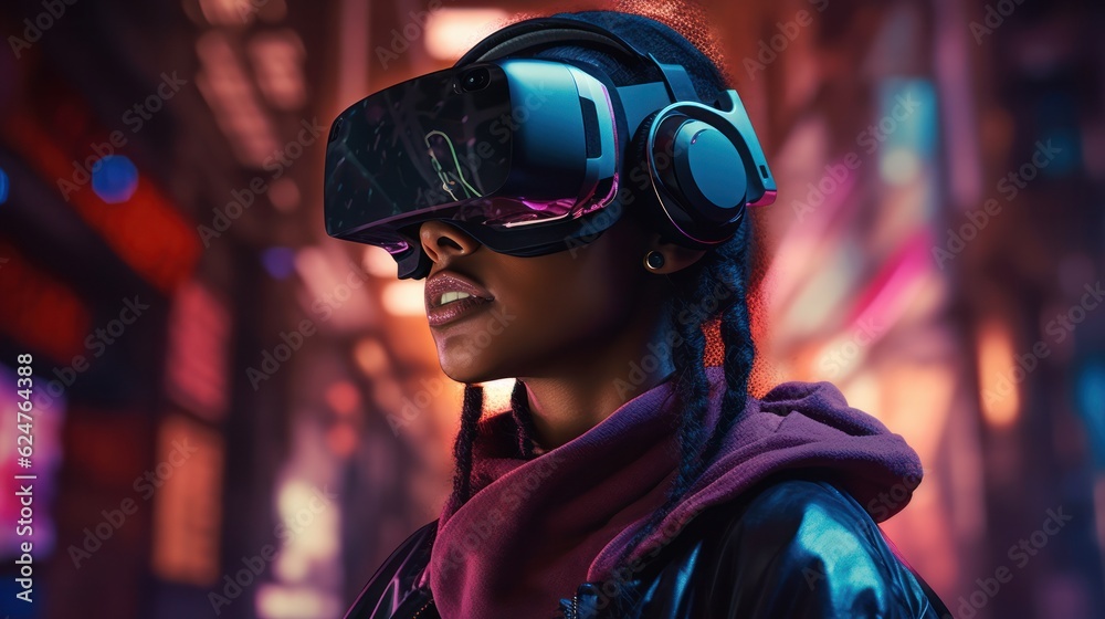Person is wearing a virtual reality headset. Illustration AI Generative.