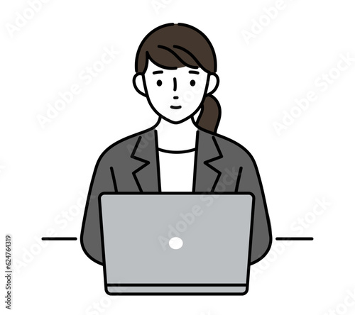 ノートパソコンを操作する女性のイラスト　アイコン