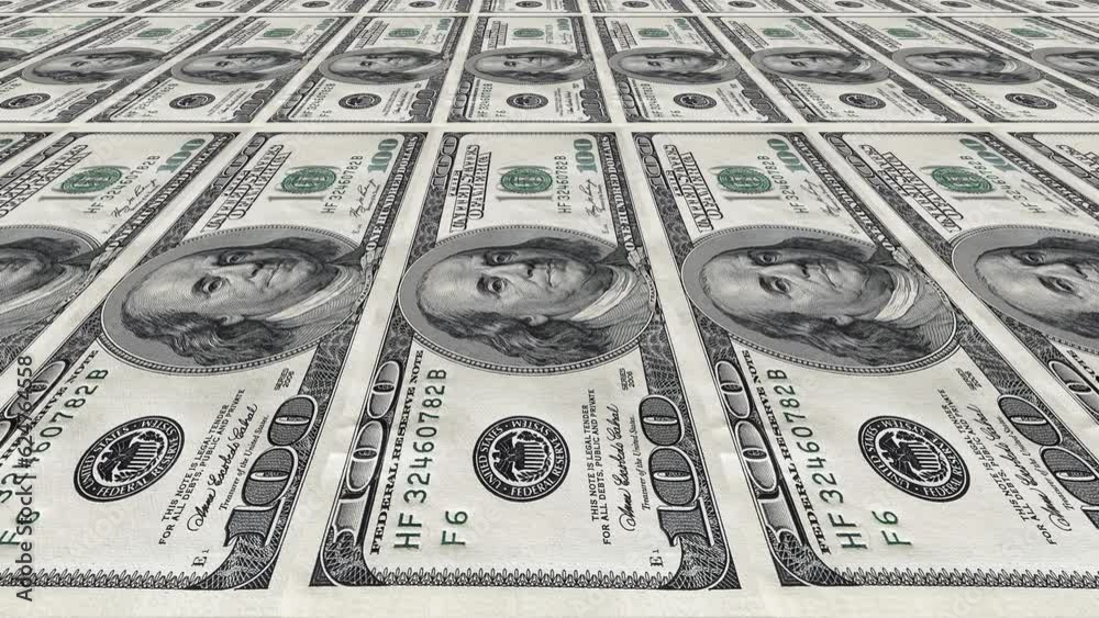 printing usa or us or american dollars one hundred bills seamless looping perspective view animation