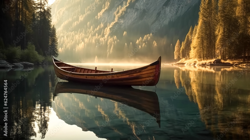Fototapeta premium Boat on a river in mountains on a hazy sunrise, generative AI.