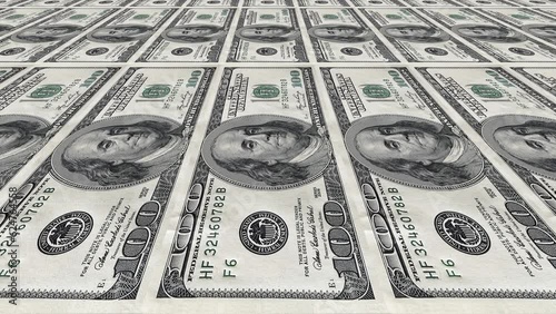 printing usa or us or american dollars one hundred bills seamless looping perspective view animation