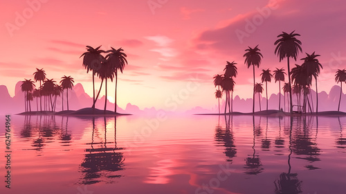 Pink sunset and silhouettes of palm trees  generative AI.