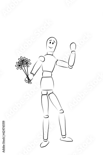 a cheerful hand-drawn man with flowers waves his hand affably. Illustration