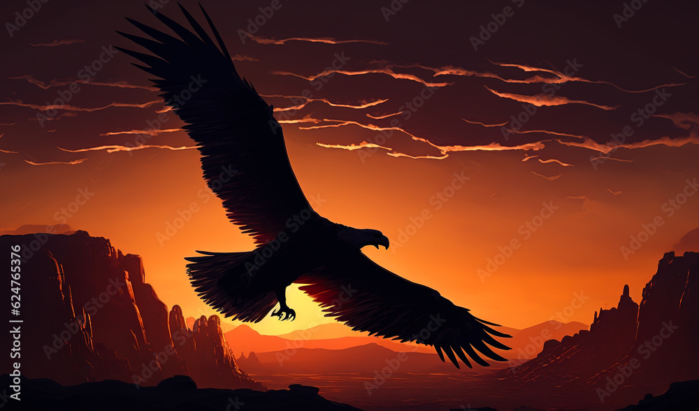 Shadow of eagle flying on sunset. Wildlife silhouette of bird on orange background. Generative AI.