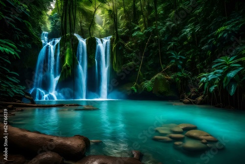 The Beautiful Rio Celeste Waterfall cascades gracefully against the backdrop of dense rainforest foliage. Ai generated © Muhammad