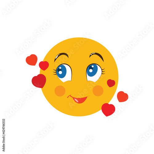 A smiley face in love. Amorous happy emoji. Yellow smiley face with hearts. Vector illustration isolated on a white background